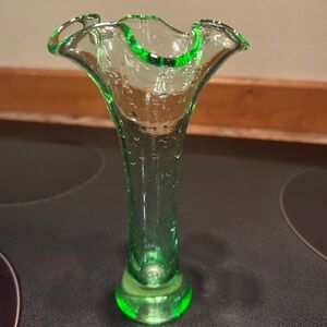 Murano Hand Blown Italian Glass Vase 7”  tall in Uranium Green Lily Flared top.